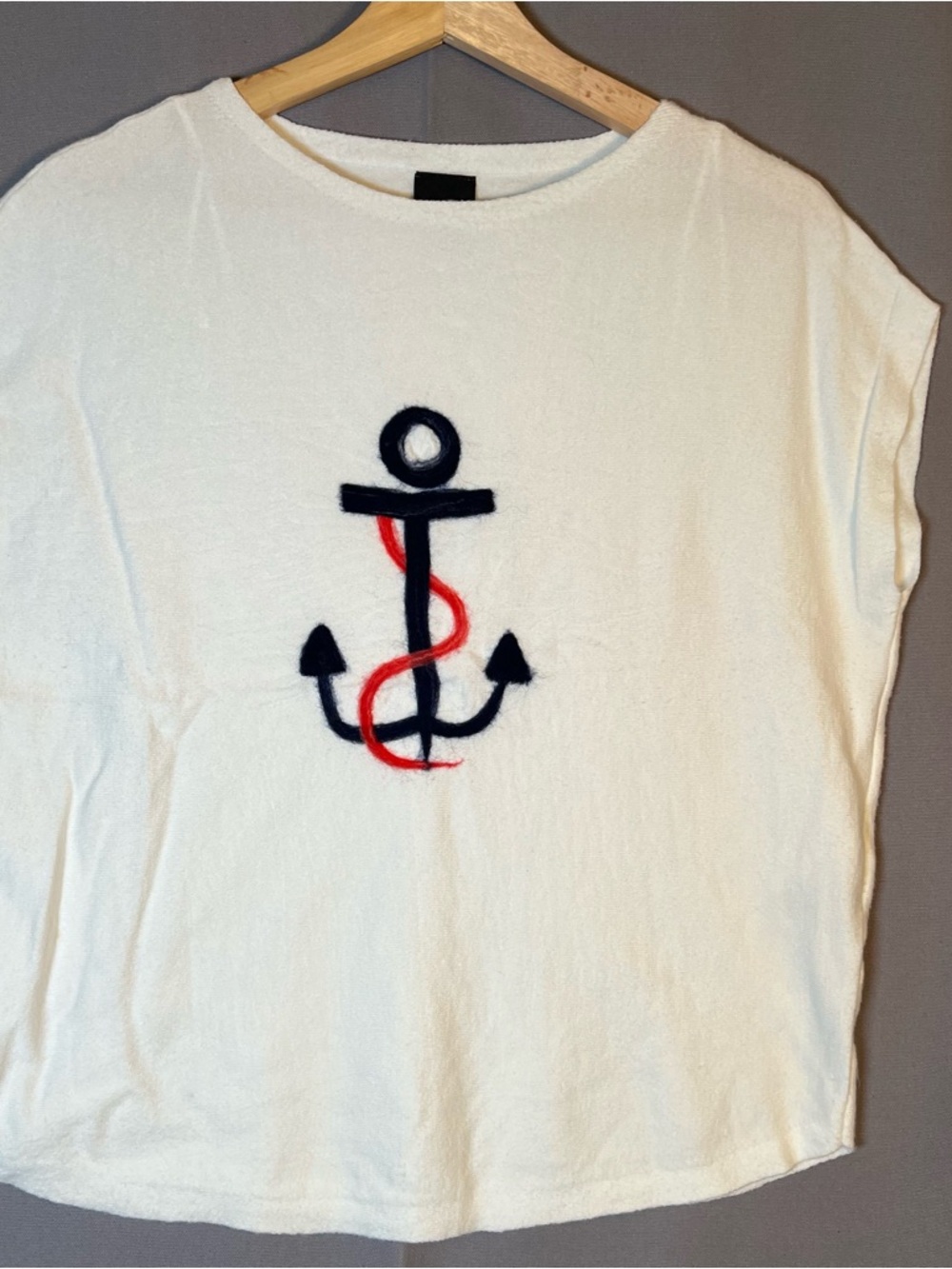 White Tee with Yarn Navy Anchor & Red Rope Nautical Boating